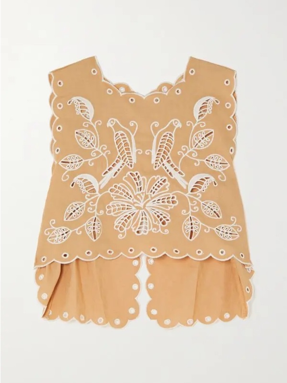 Farm Rio cropped scalloped Broderie anglaise linen blend top
